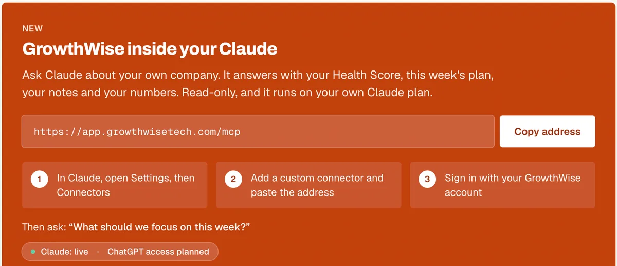 GrowthWise app card with the MCP address and three steps to add GrowthWise as a custom connector in Claude